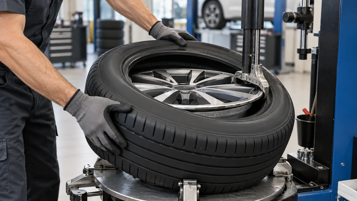 A technician's gloved hands seating a tire on an alloy wheel at the changer